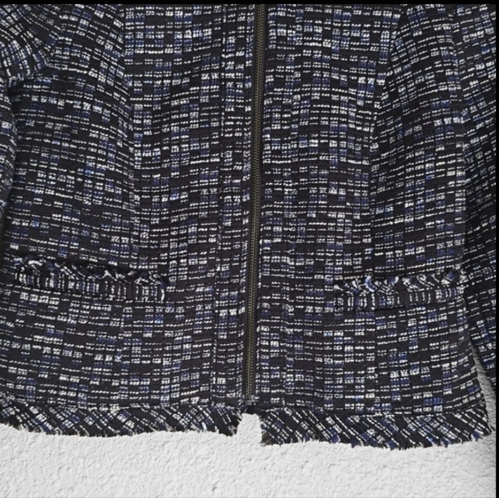 Banana Republic Tweed Zip Up Fringe Navy Off white Cotton Blend Jacket Blazer 4 - Picture 9 of 15